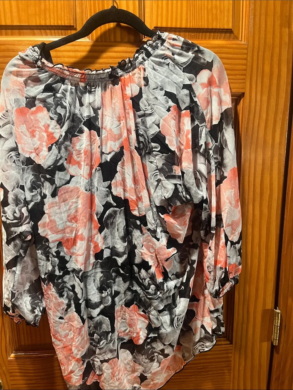 Alfani Coral and Black Floral Long-Sleeve Blouse